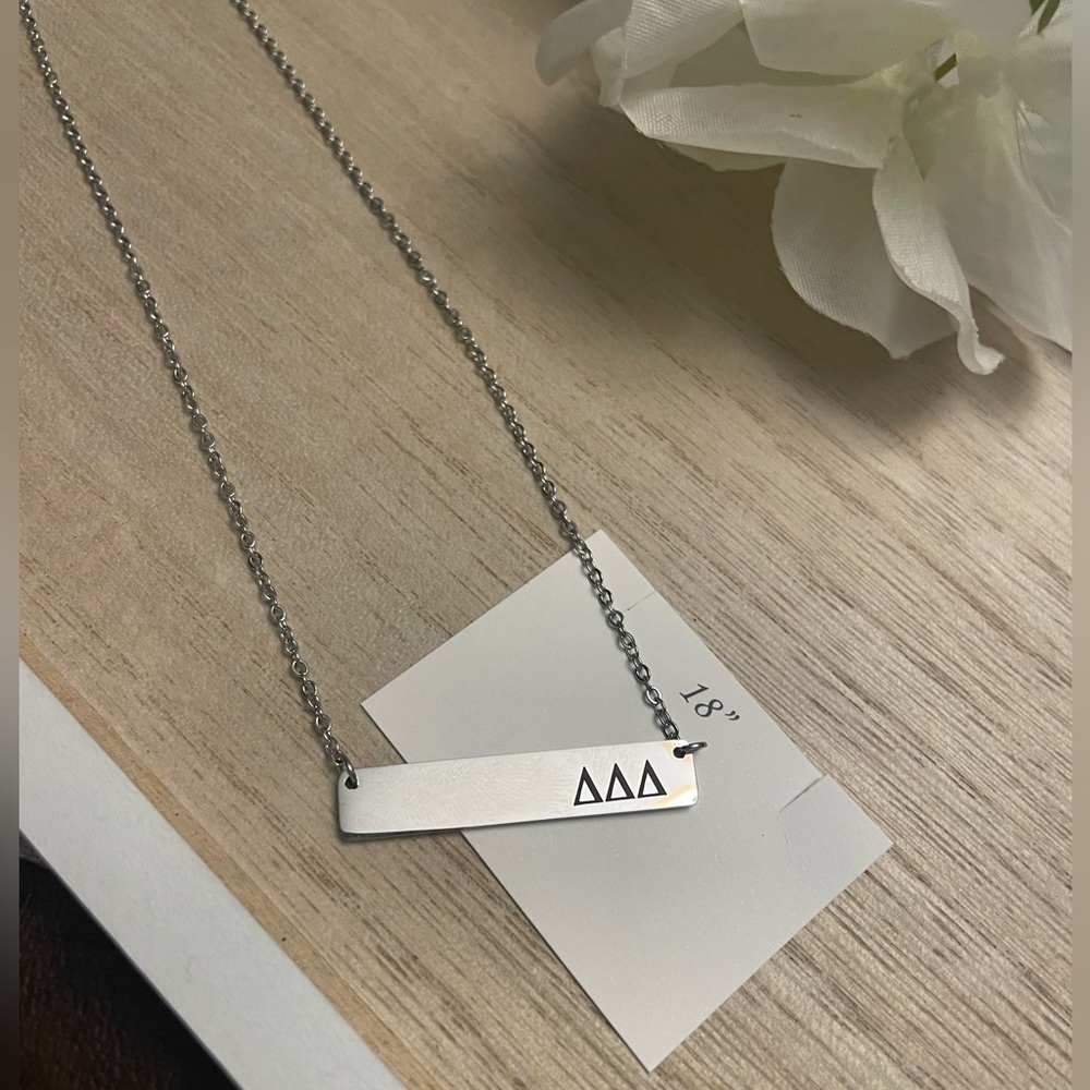 NWT Tri Delta Bar Necklace Silver plated letters 18” chain in box - Picture 2 of 7